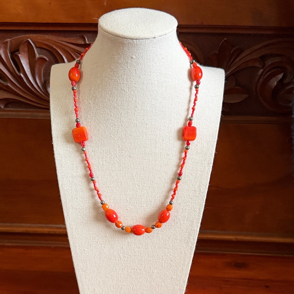 Vintage Handmade Coral Beaded Necklace with Silver-tone Accents